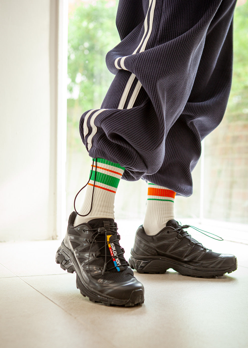 Women's Mismatched Vintage Stripe Socks - Green, Orange, & White