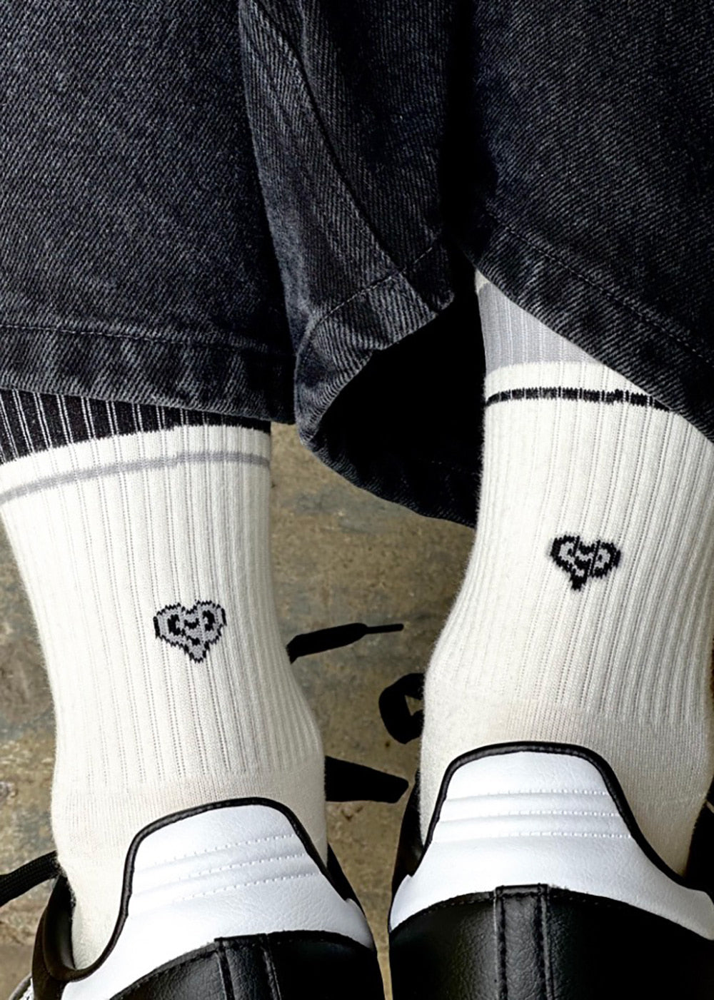 Women's Mismatched Vintage Stripe Socks - Black, Gray, & White