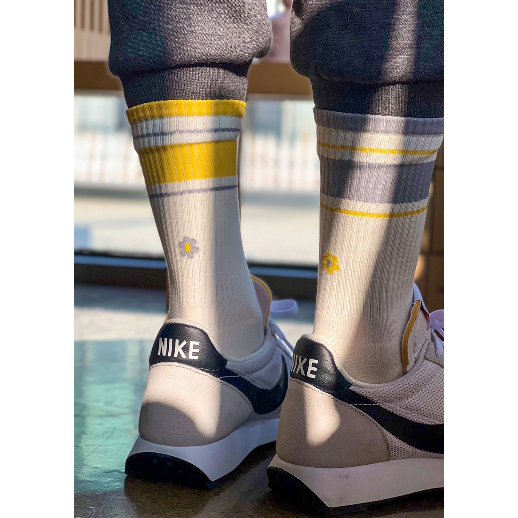Men's Mismatched Vintage Stripe Socks - Yellow, Gray, & White
