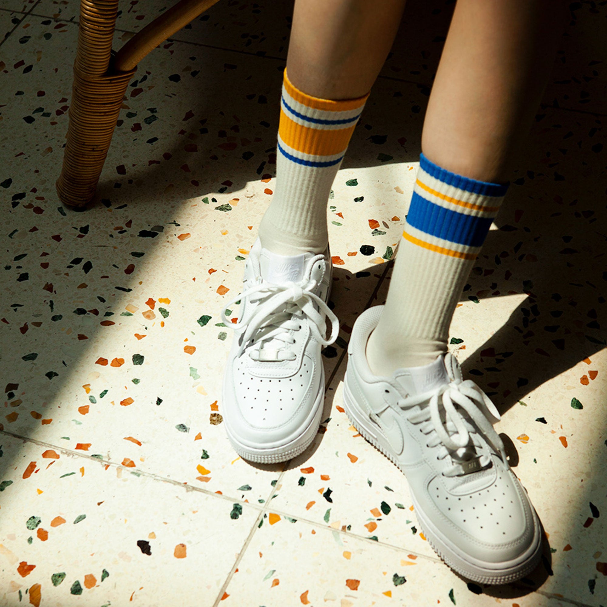 Women's Mismatched Vintage Stripe Socks - Blue, Yellow, & White