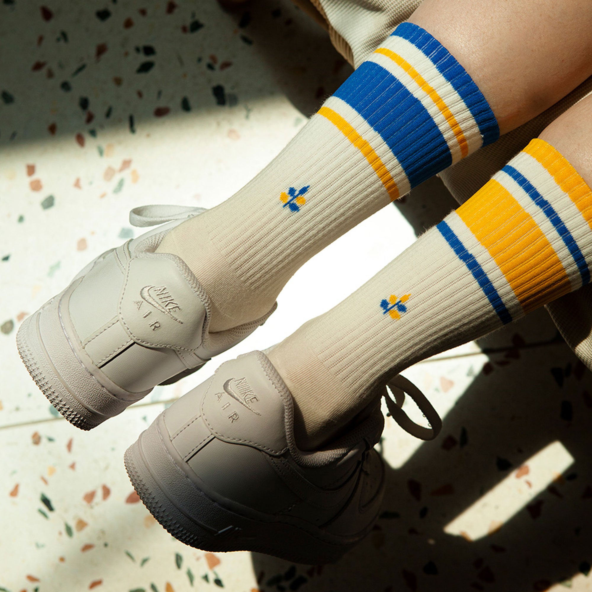 Women's Mismatched Vintage Stripe Socks - Blue, Yellow, & White