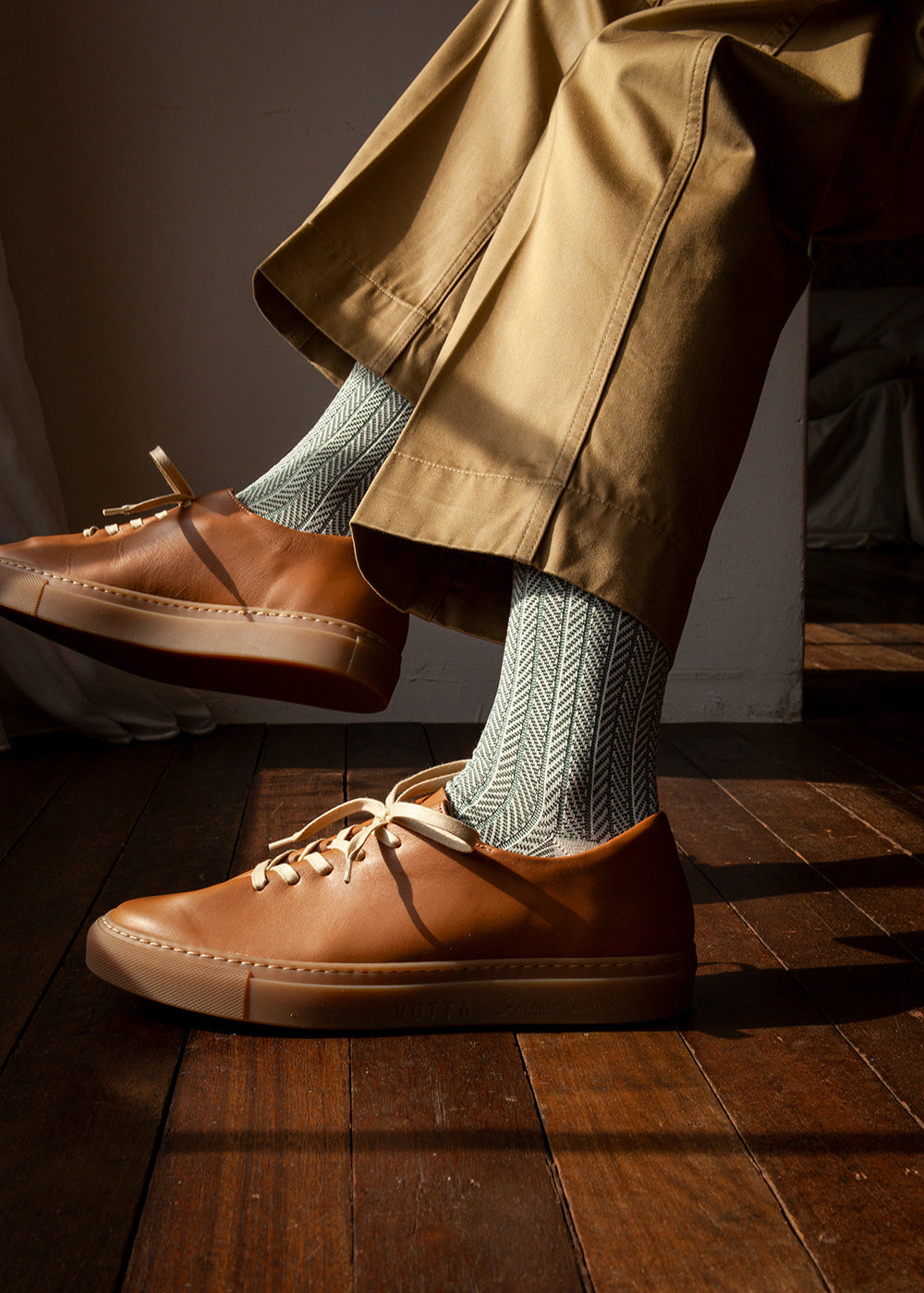Men&#39;s Herringbone Socks - Ivory &amp; Green