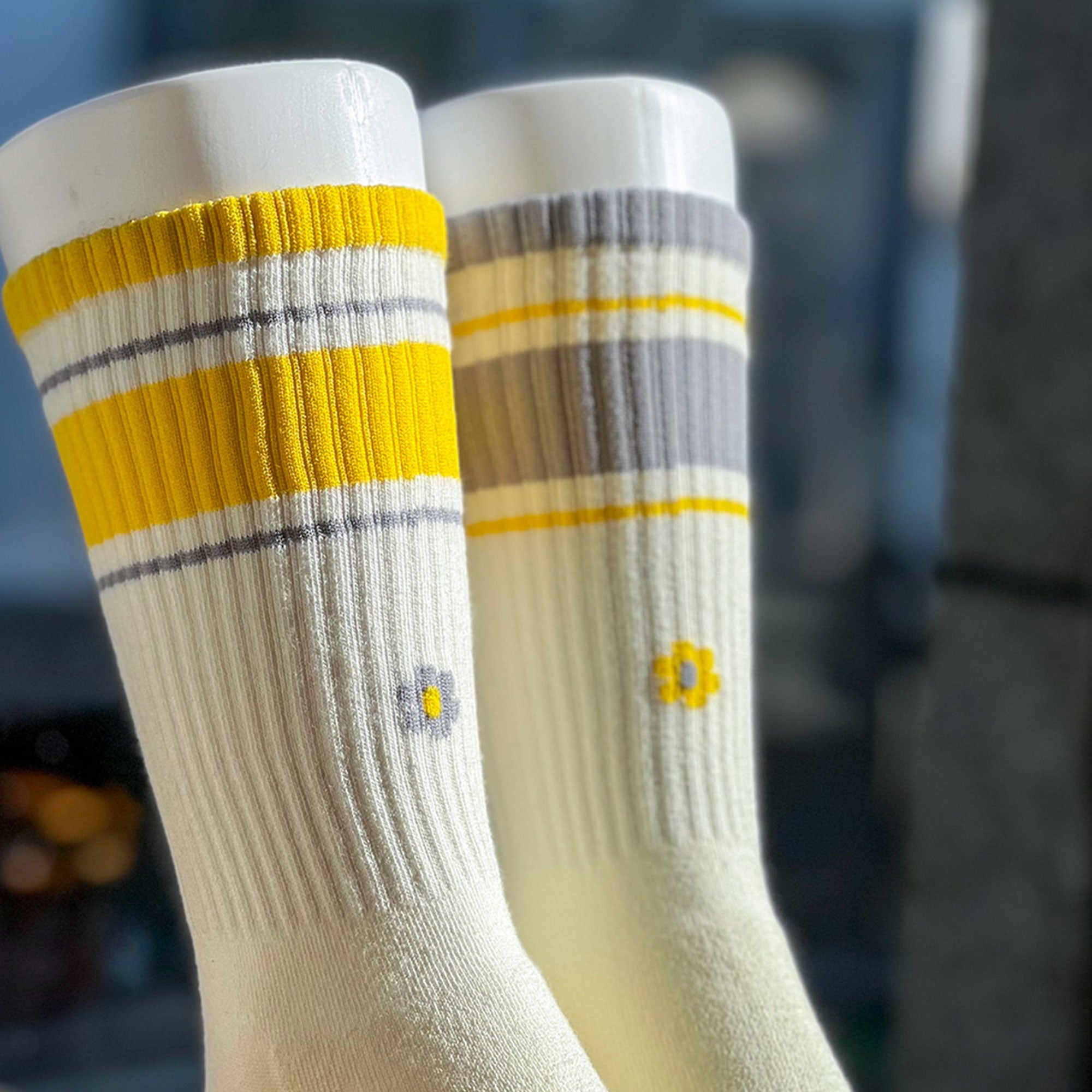 Women&#39;s Mismatched Vintage Stripe Socks - Yellow, Gray, &amp; White