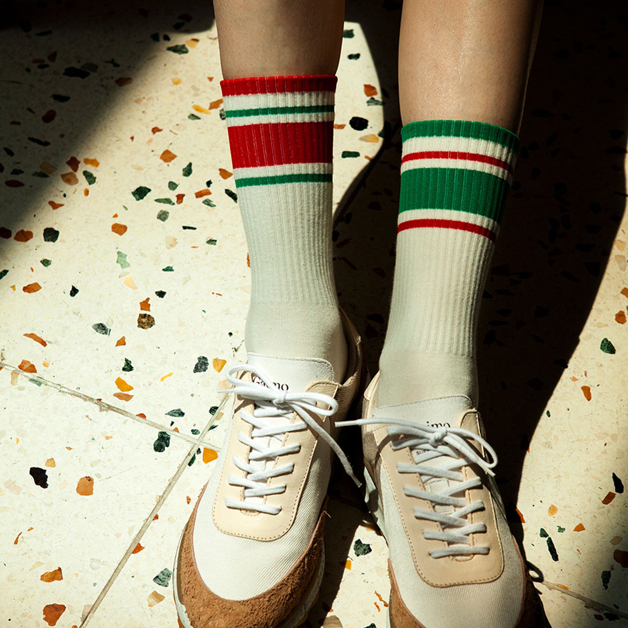 Men&#39;s Mismatched Vintage Stripe Red and Green, White Socks