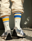 Men's Mismatched Vintage Stripe Blue and Yellow, White Socks