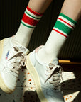 Men's Mismatched Vintage Stripe Red and Green, White Socks
