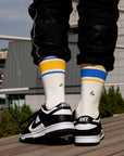 Men's Mismatched Vintage Stripe Blue and Yellow, White Socks